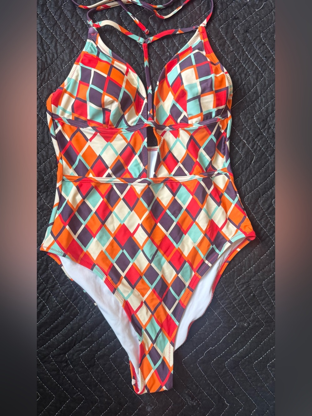 Geometric Cutout One-Piece Swimsuit in Orange, Blue & Cream
